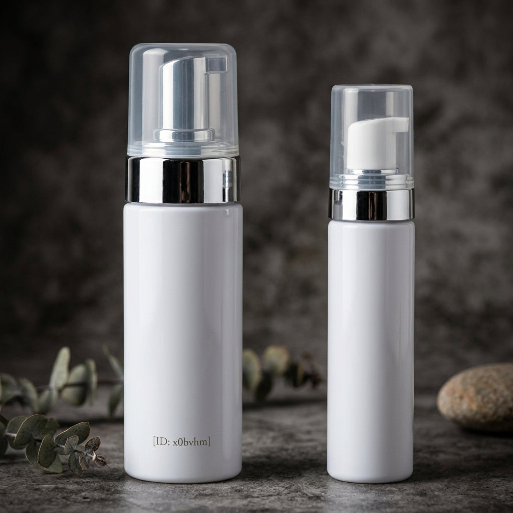 Cylinderformad vit Foam Flaska 75 ml med silverdetalj och genomskinligt lock på mörk stenyta.