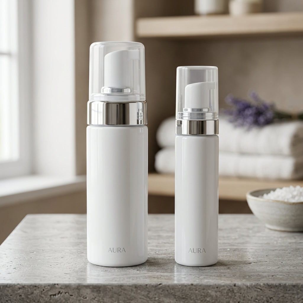 Vit cylinderformad Foam Flaska 75 ml med silverdetaljer och genomskinligt lock på grå stenyta i badrum.