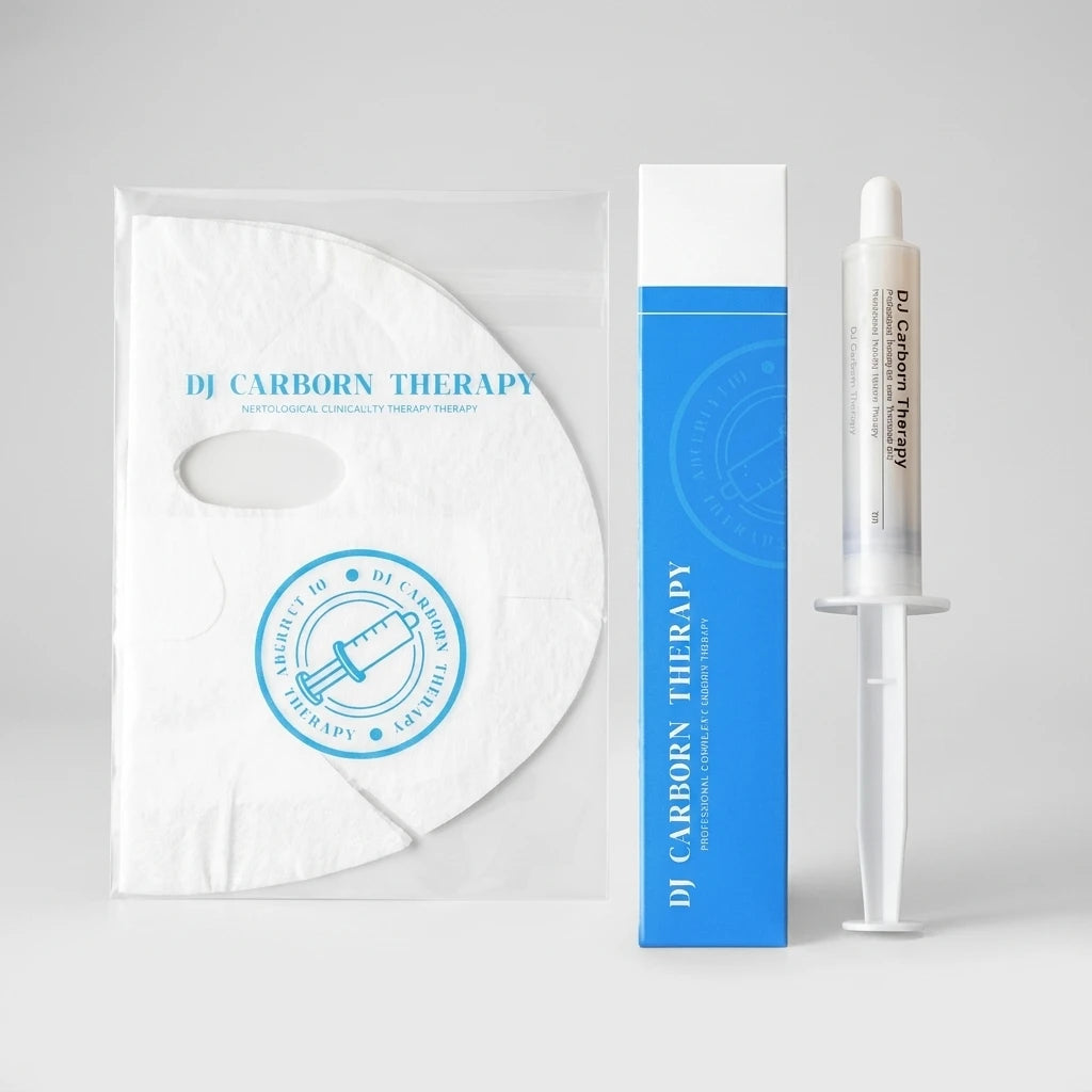 Carboxy CO2-terapi Pore Cleansing Tightening Mask med vit ansiktsmask, blå kartong och plastspruta på grå bakgrund.