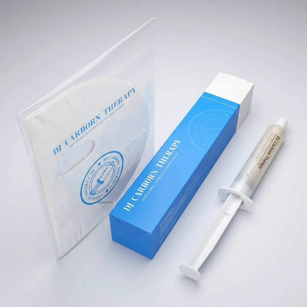 Carboxy CO2-terapi Pore Cleansing Tightening Mask med vit ansiktsmask, blå förpackning och plastspruta på grå bakgrund.
