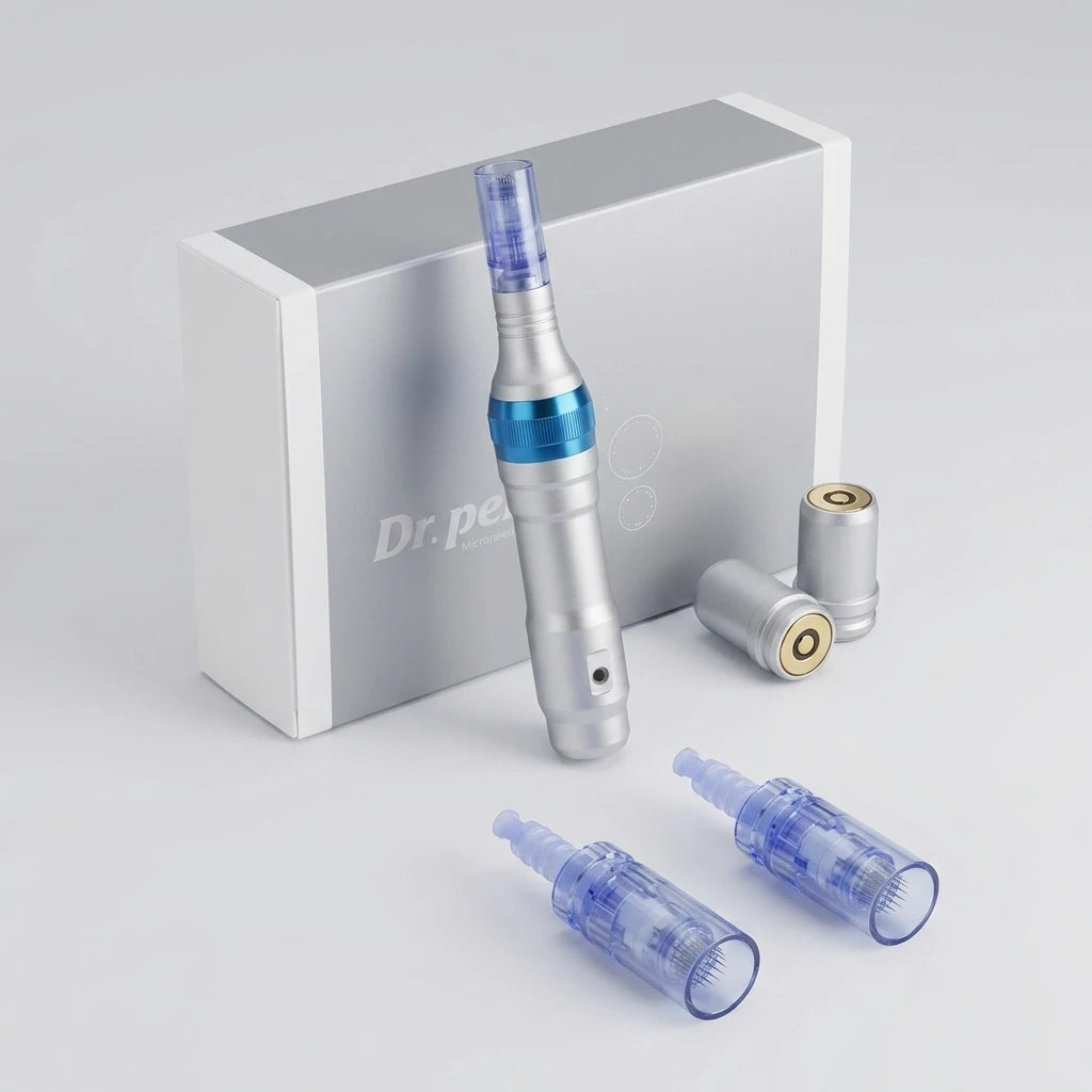 Isometrisk vy av Dr. Pen A6 dermapen i silver och blått med medföljande nålpatroner och batterier.