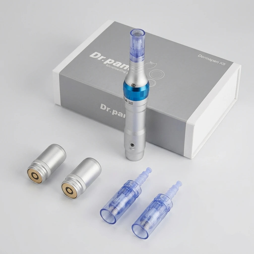 Dr. Pen A6 trådlös dermapen med nålpatroner, AA-batterier och grå produktförpackning på vit bakgrund.