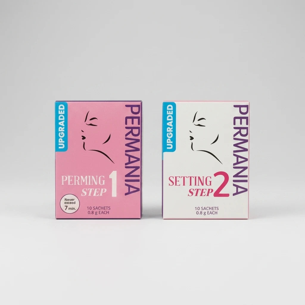 Lash Lift Vätska 1 2 PERMANIA steg 1 och 2 i rosa och vit förpackning mot en ljusgrå bakgrund.