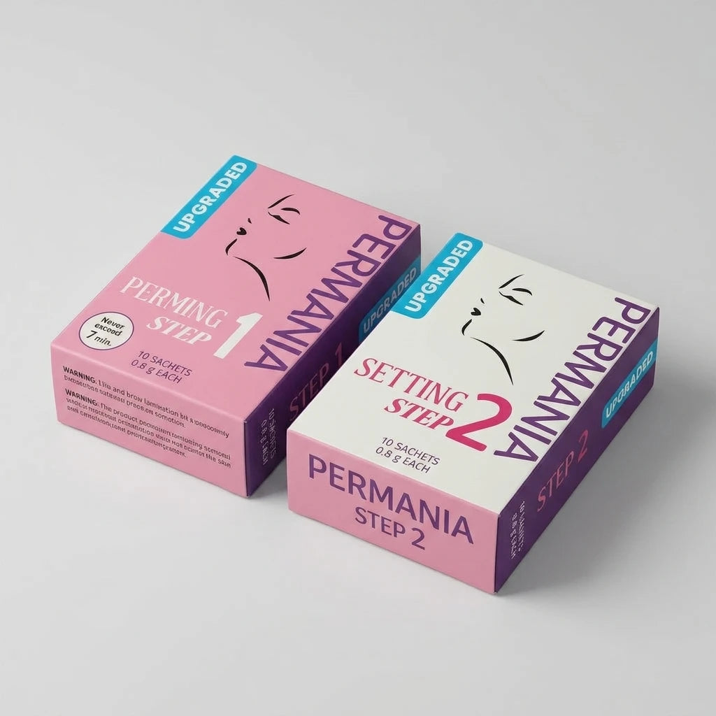 Rosa och vit förpackning av Lash Lift Vätska 1 2 PERMANIA, med Step 1 och Step 2 på ljus bakgrund.