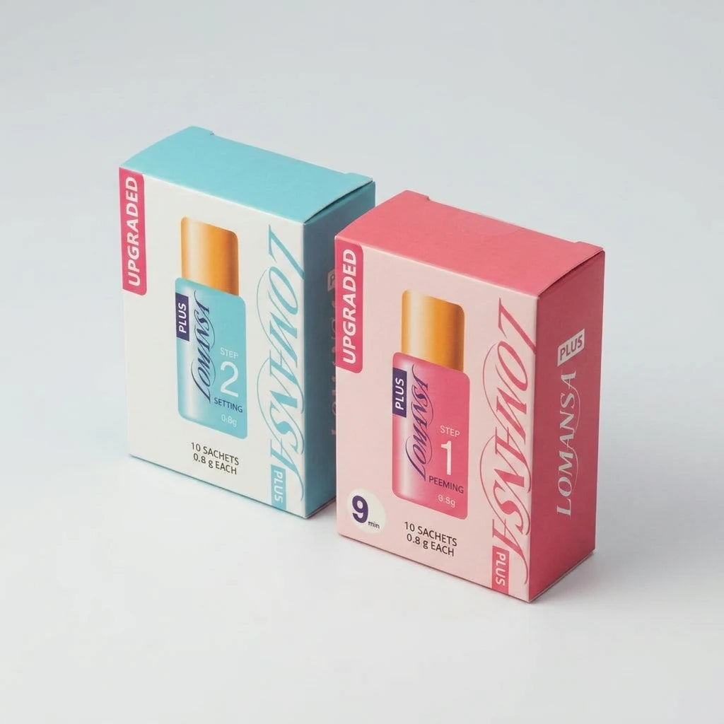 Rosa och ljusblå förpackningar med Lash Lift Vätska 1 2 LOMANSA steg 1 och 2 på en ljus bakgrund.