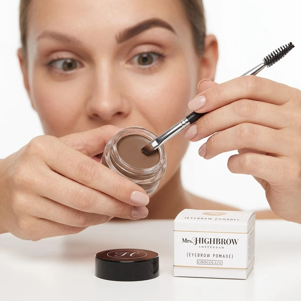 Kvinna applicerar Mrs. Highbrow Eyebrow Pomade med sminkborste – glasburk och vit förpackning på vit yta.