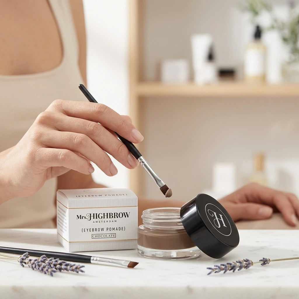 Sminkpensel doppas i Mrs. Highbrow Eyebrow Pomade Chocolate i glasburk – visar produktens krämiga konsistens.