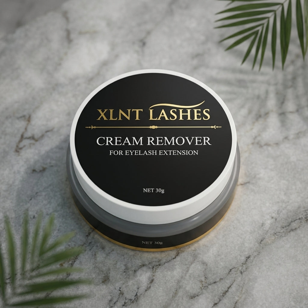 XLNT Lashes Cream Remover 30g på marmorbord med gröna palmblad som dekoration i bakgrunden.