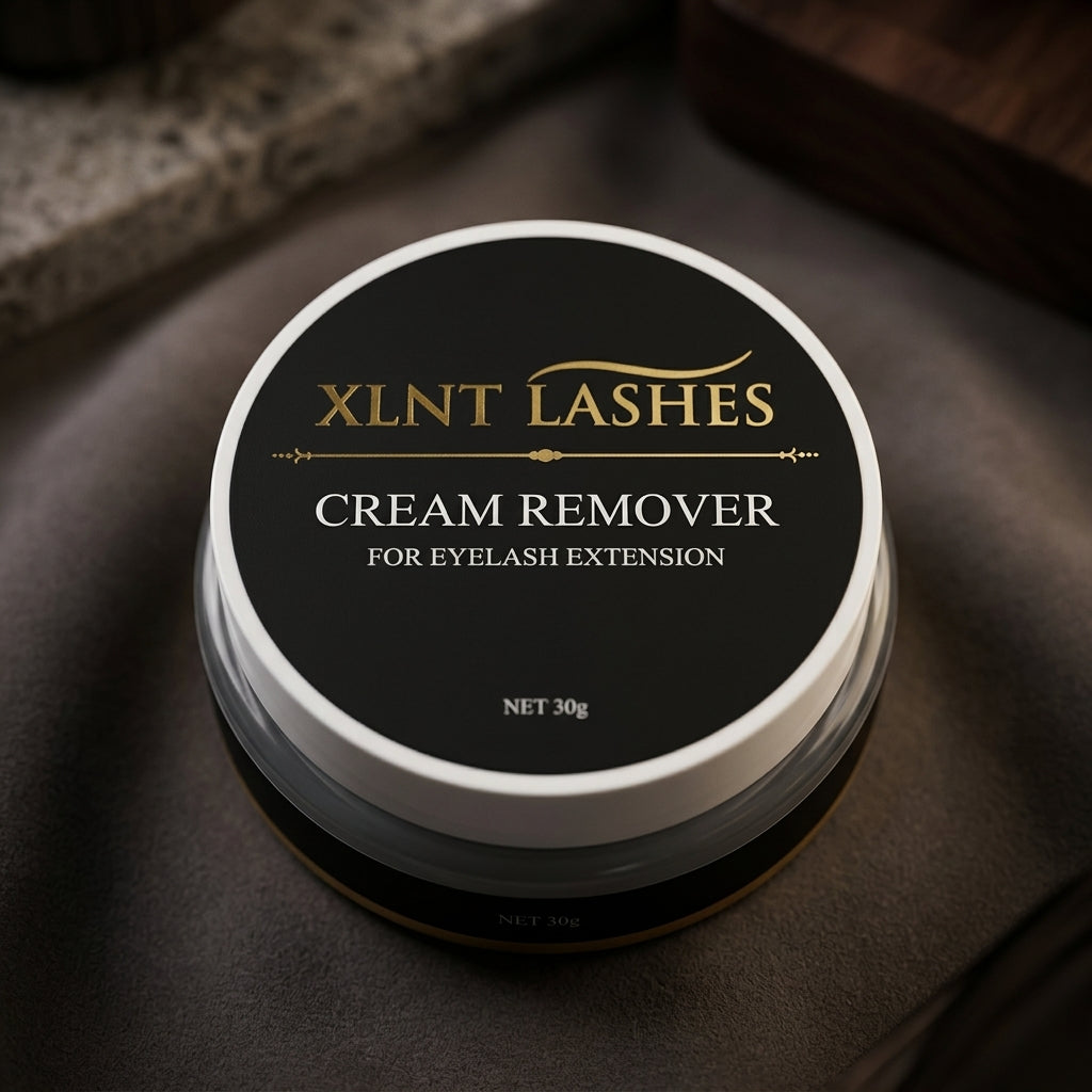 XLNT Lashes Cream Remover 30g i rund burk med svart och guldetikett mot mörk texturerad bakgrund.