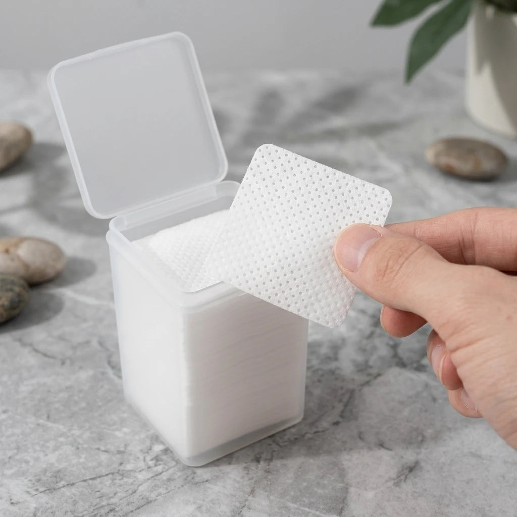Luddfri fyrkantig glue wipe plockas ur öppen plastbehållare på grå marmoryta