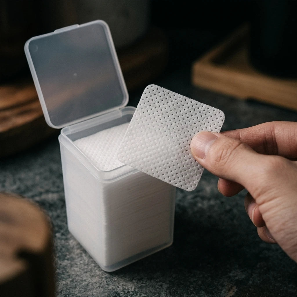 Hand håller perforerad luddfri servett över plastbox med glue wipes på mörk arbetsyta