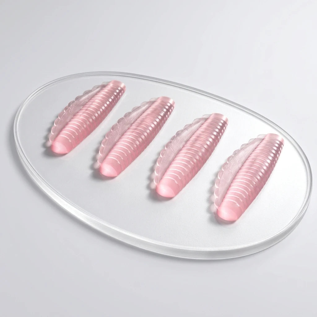 Fyra rosa, räfflade Korean Lash lift spole Pinky i silikon på en transparent oval platta mot en ljus bakgrund.