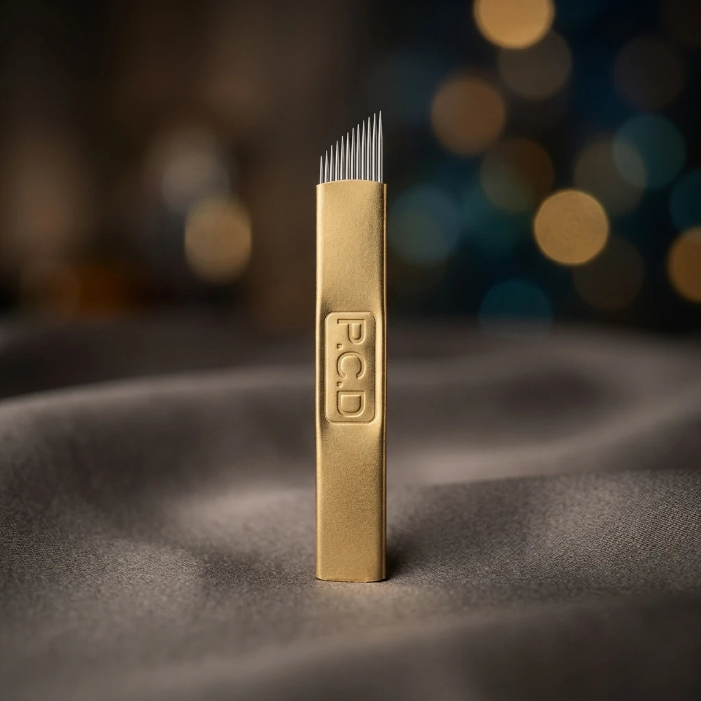 Stående guldfärgat microblading-blad #12 på grått tyg, enskilt engångsblad ur 10-pack för PMU-stylister.