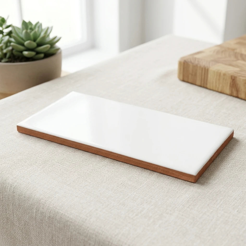 Keramisk fransplatta 7,5x15 cm i vit finish liggande på linneduk i professionell salongsmiljö.
