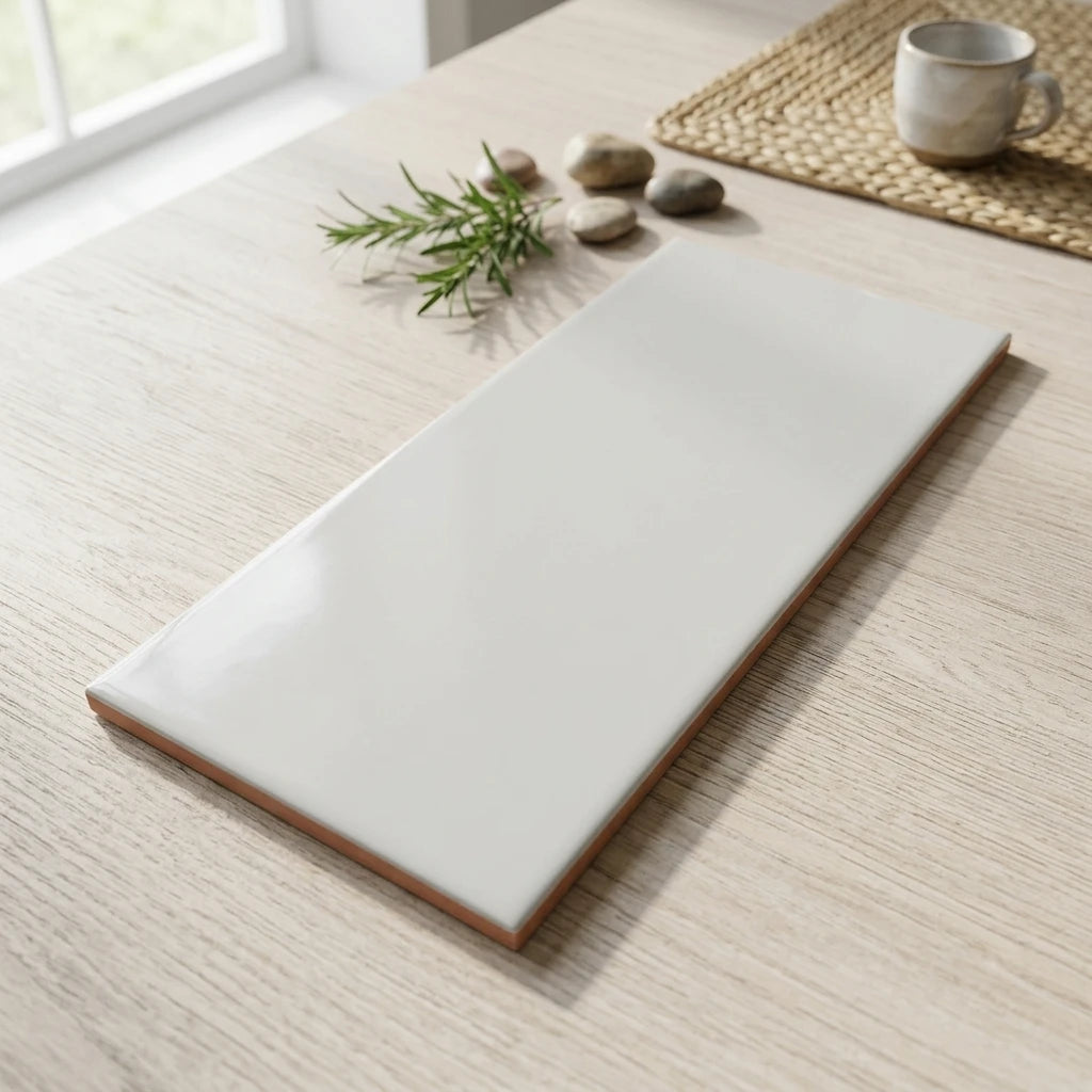 Vit högblank kakelplatta 10x20 cm med rödbrun terrakottakant liggande på ljust träbord.