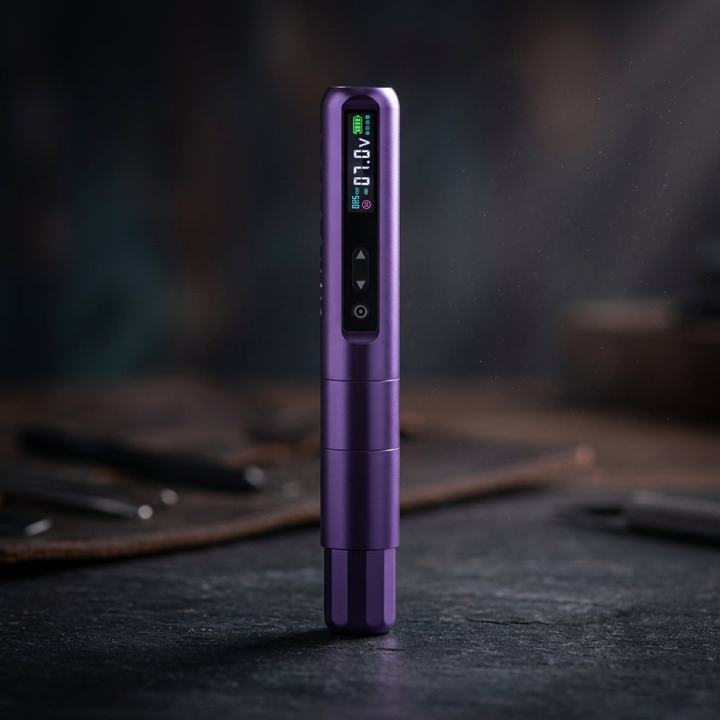 EZ Lola Light lila PMU-penna stående på mörk yta med lysande digital spänningsdisplay