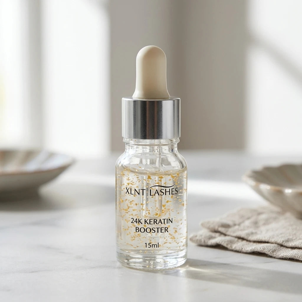 24k Essence 15ml pipettflaska med guldflagor stående på ljus marmoryta, steg 3 i lash lift-behandling.