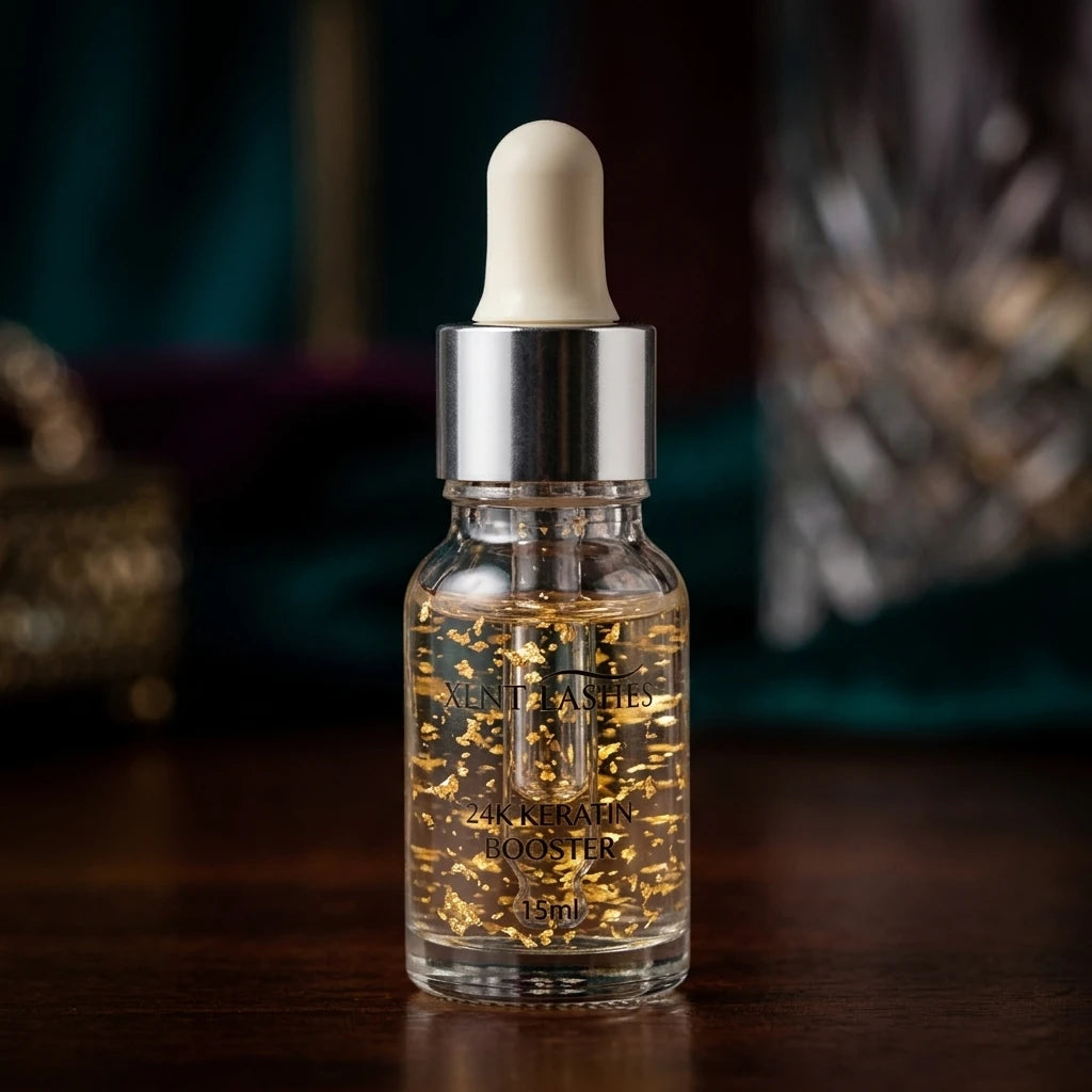 Lash Brow Lift No3 24k Essence 15ml i klar glasflaska med guldflagor och pipett på ett mörkt träbord.