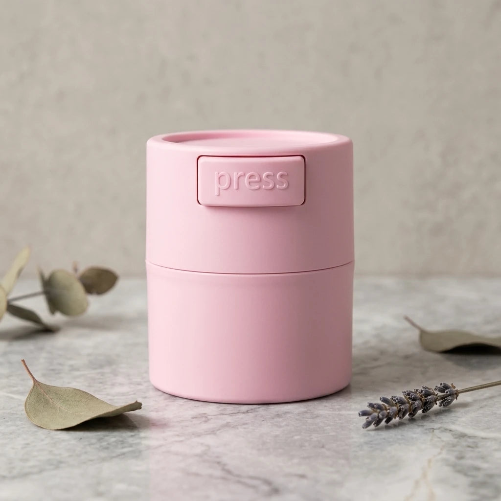 Ljusrosa cylinderformad Glue Box på ljus marmoryta med torkade blad som dekoration bredvid.