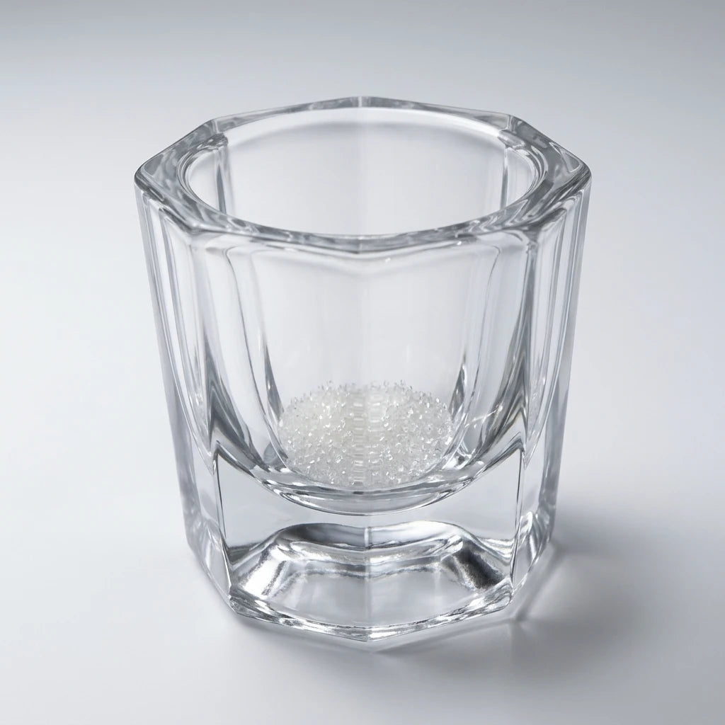 Åttakantigt dappenglas i klart, tjockt glas med texturerad botten mot ljusgrå bakgrund.