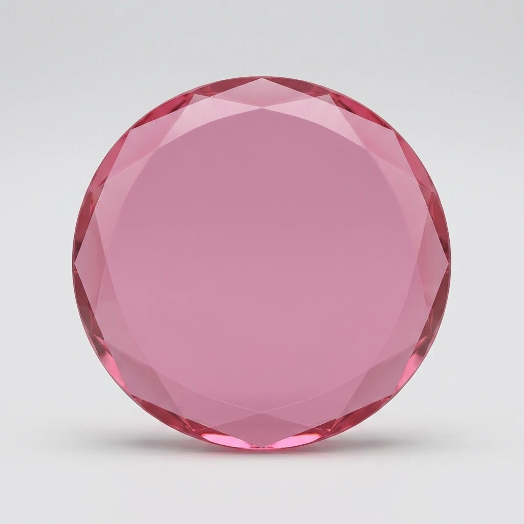 Rund Crystal Plate Rosa i kristall med fasetterade kanter mot en ljusgrå bakgrund.