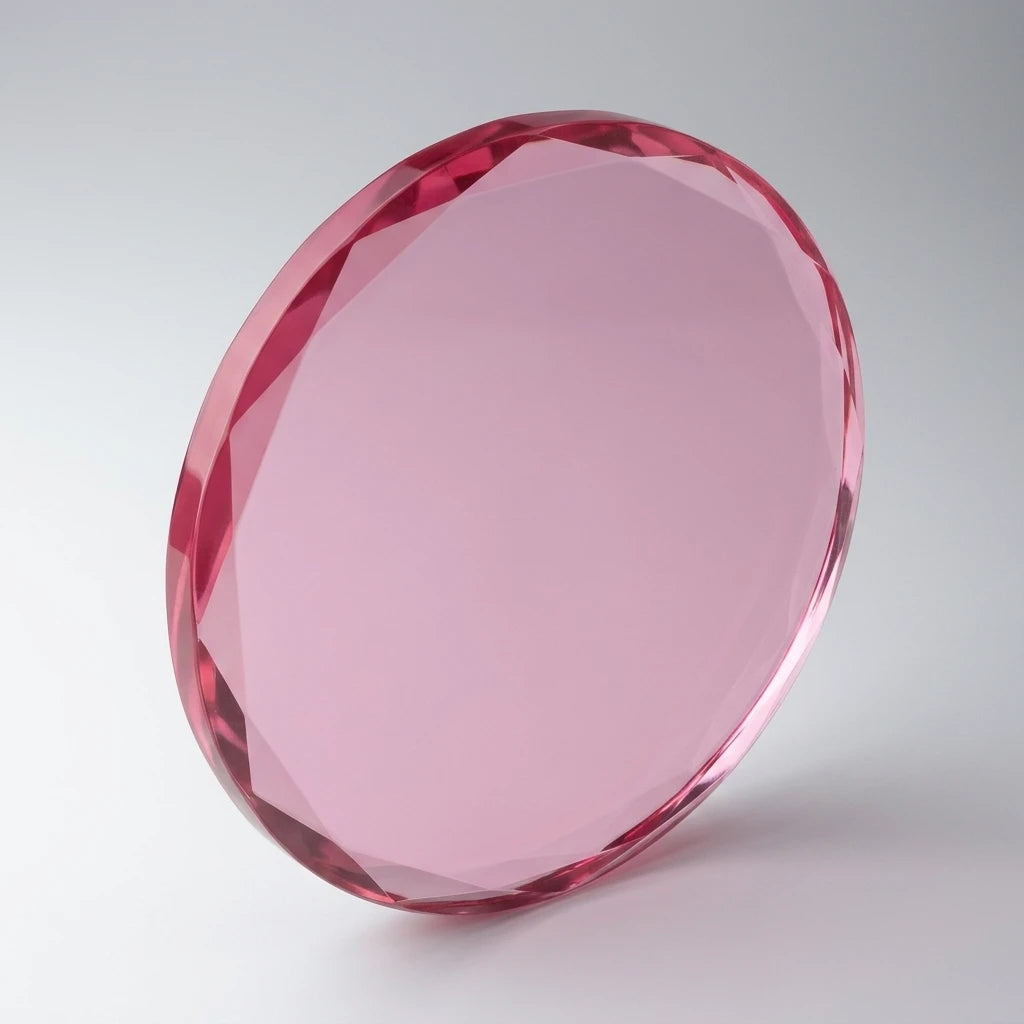 Rund fasettslipad Crystal Plate Rosa i rosa kristall stående mot en ljus bakgrund.