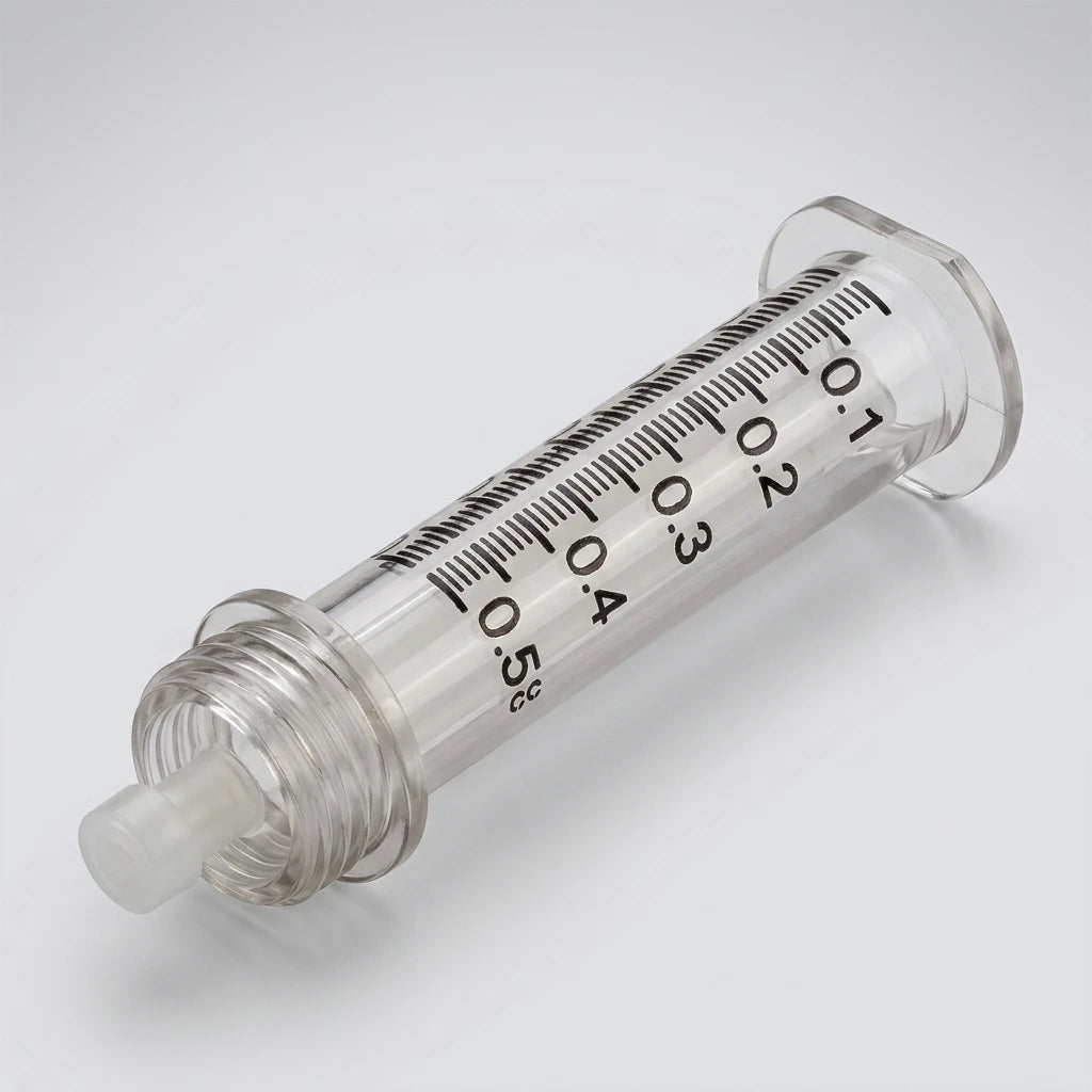 Genomskinlig Ampull 05ml 5st i plast med svart måttskala upp till 0,5 cc mot en ljusgrå bakgrund.