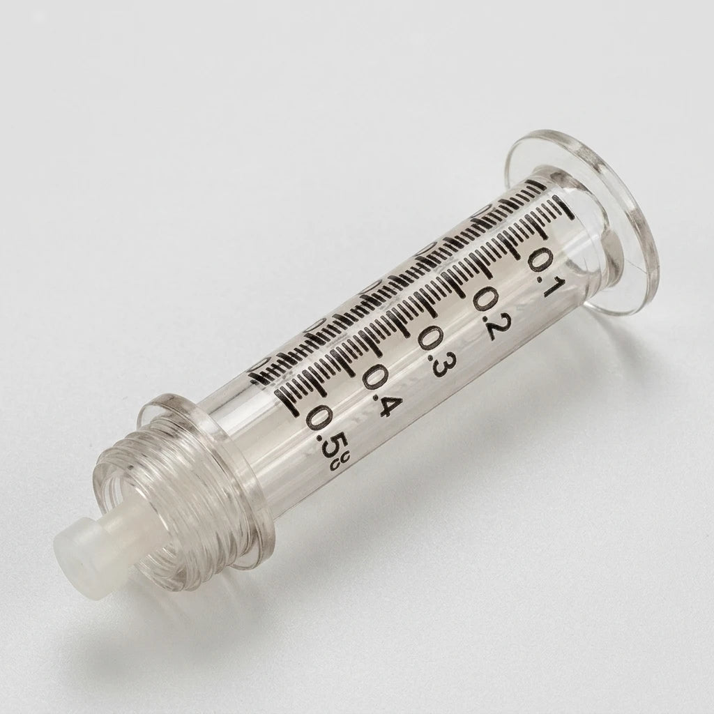 Ampull 05ml 5st i klar plast med svarta doseringsgraderingar på ljusgrå bakgrund.