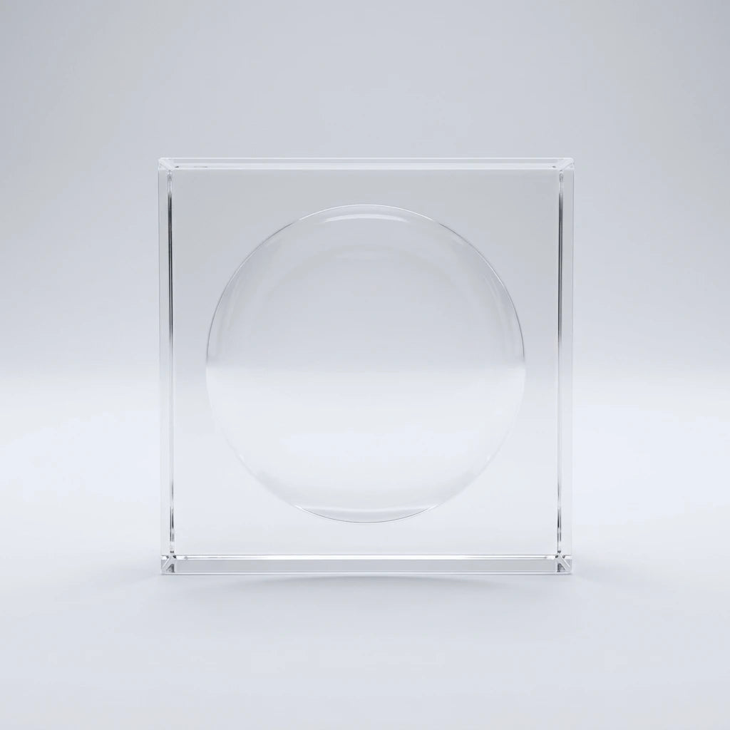 Crystal Plate Square MEDIUM, ett kvadratiskt fat i transparent klarglas med en rund nedsänkning mot en ljus bakgrund.