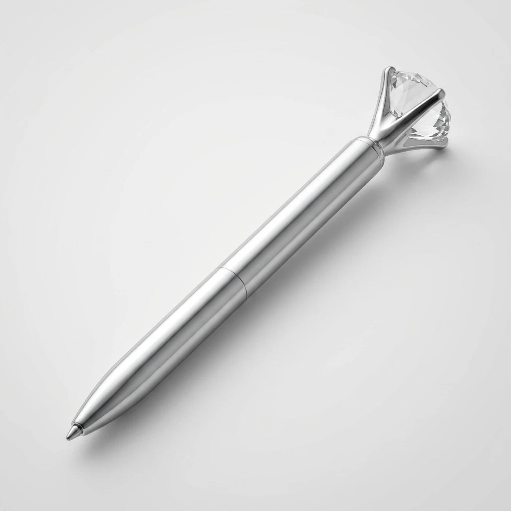 Diamant Penna Silver, en glänsande kulspetspenna i metall med en stor slipad glaskristall på toppen mot vit bakgrund.