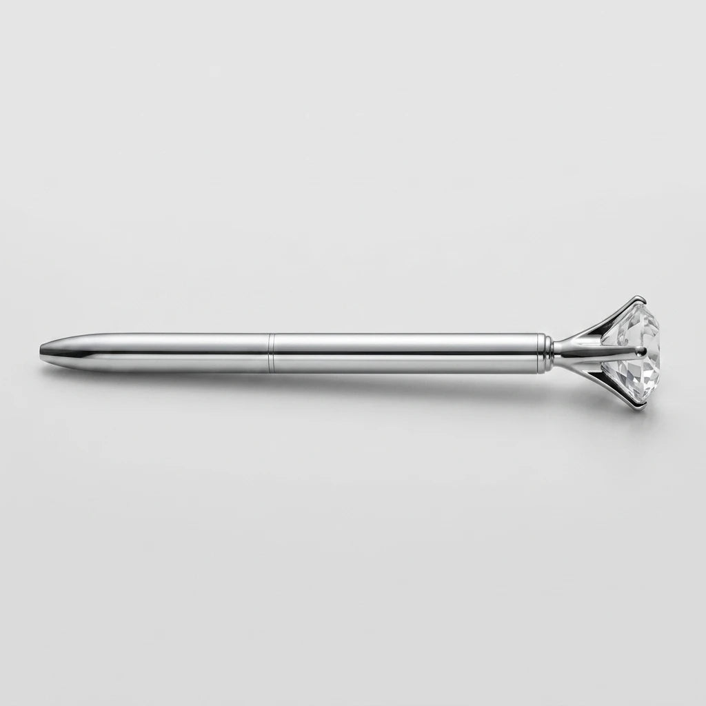 Diamant Penna Silver i blank metall med en stor, slipad kristall på toppen liggande mot en ljusgrå bakgrund.