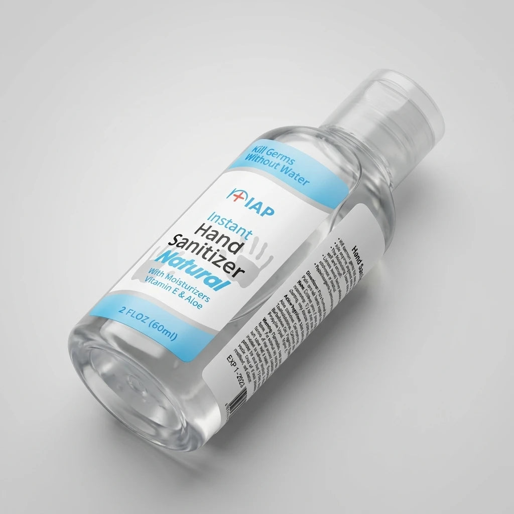 Handsprit Gel 60ml i genomskinlig plastflaska med blå och vit etikett, isometrisk vy mot ljusgrå bakgrund.