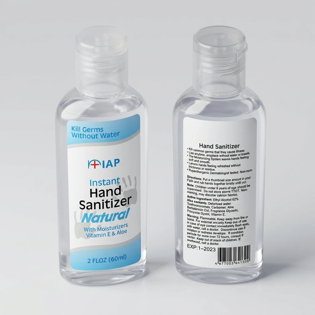 Fram- och baksida av Handsprit Gel 60ml, transparenta flaskor med blå etikett som visar ingredienser och bruksanvisning.
