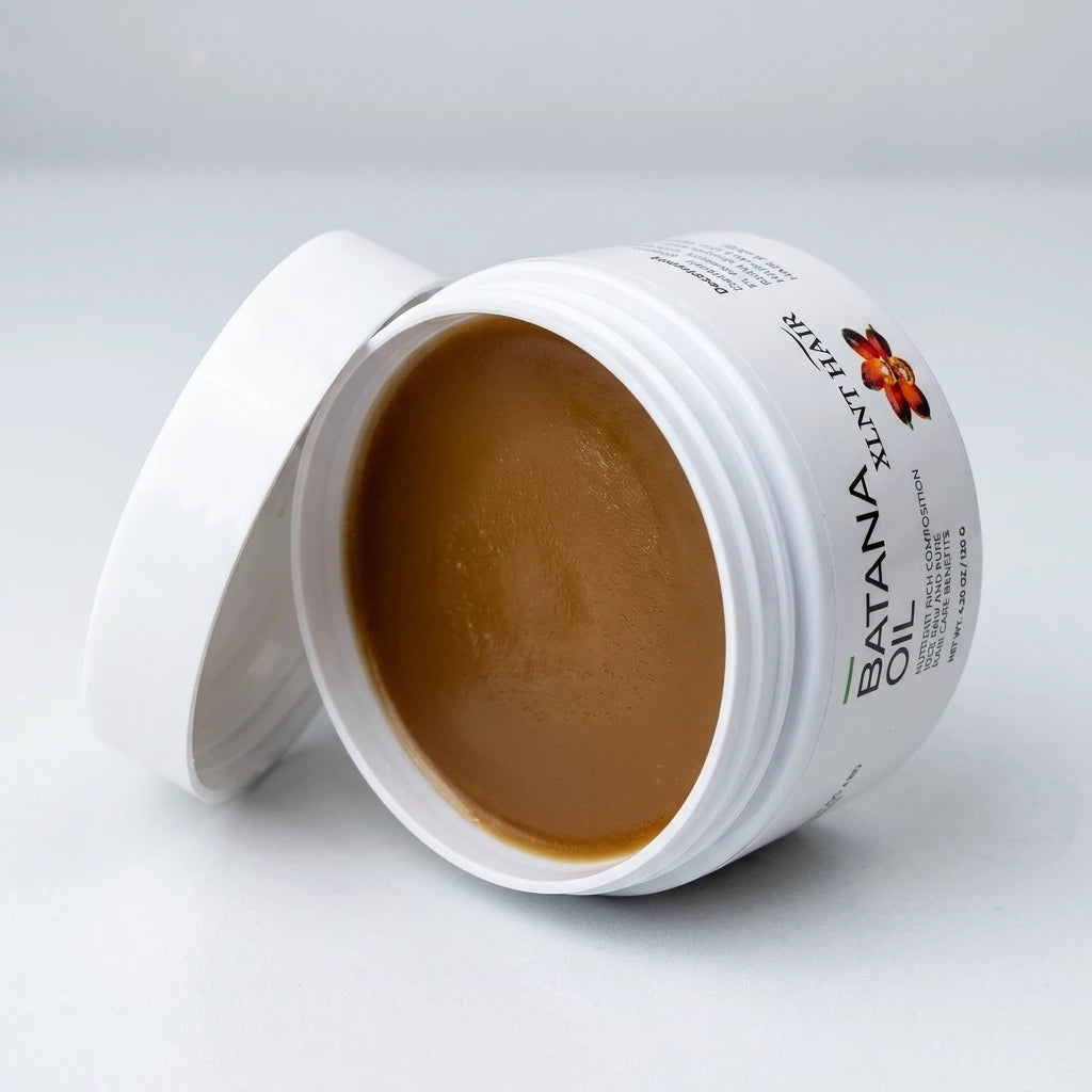 Öppen vit burk med fast brun Batana Oil 120g och vitt lock lutat mot sidan på en ljus bakgrund.