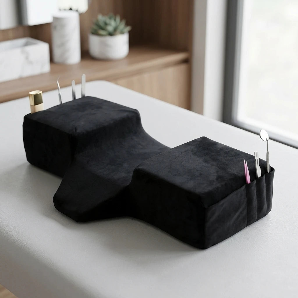 Ergonomisk franskudde Stor i mjukt velvet placerad på en ljus behandlingsbänk med verktyg i fickorna.