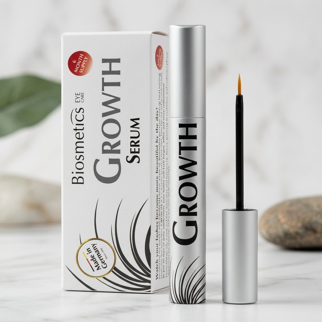 BIOSMETICS GROWTH Serum 3ml i silverhylsa med tunn applikator och vit förpackning i bakgrunden