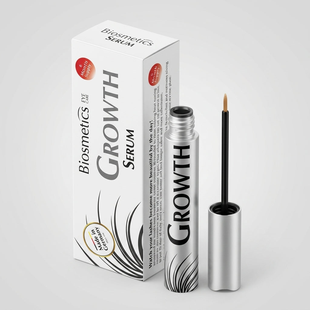 BIOSMETICS GROWTH Serum 3ml isometrisk vy med silvrig hylsa, penselapplikator och kartong