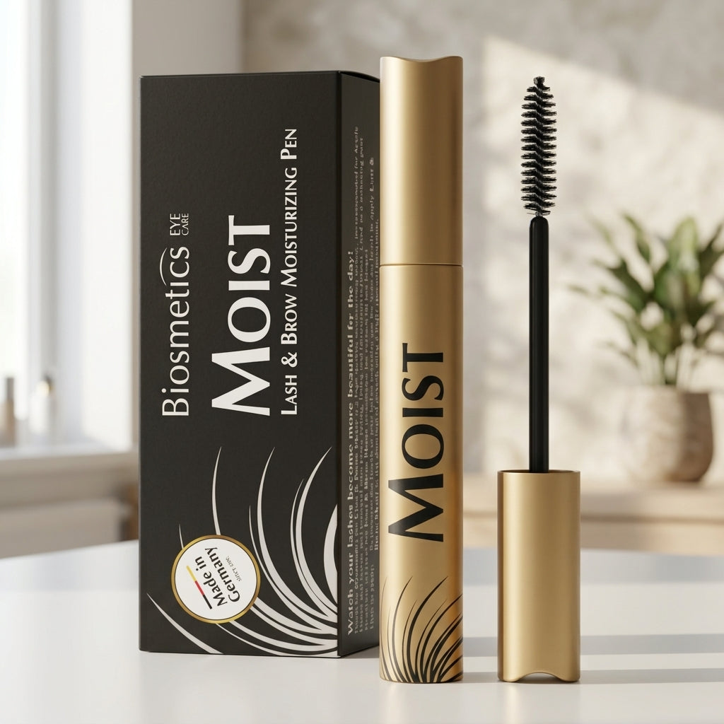 BIOSMETICS MOIST 5ml placerad på ljust träbord – penna och förpackning i miljöbild för lash aftercare.