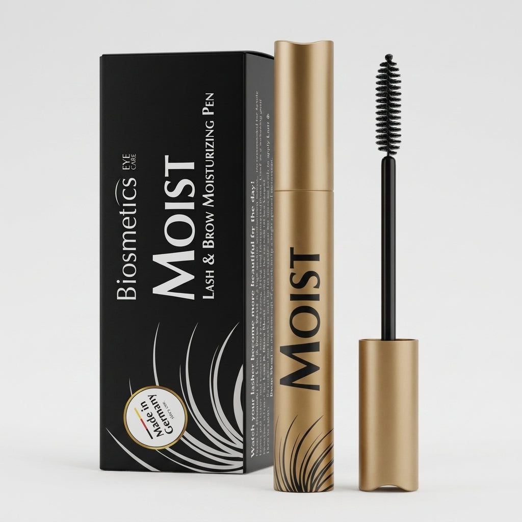 BIOSMETICS MOIST 5ml – guldhylsa med applikatorborste bredvid matt svart förpackning, framifrån.