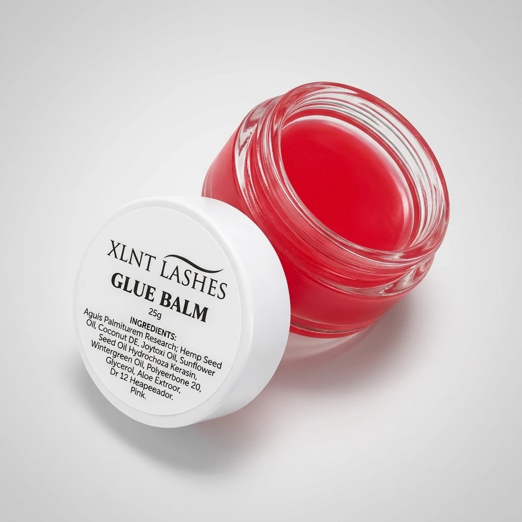Rosa Lash Lift Glue Balm 20g lim utan lim i en öppen glasburk med ett vitt skruvlock lutat mot sidan.