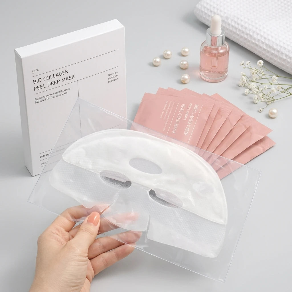 Bio Collagen Deep Mask hydrogelmask hålls framför förpackning med fem rosa påsar