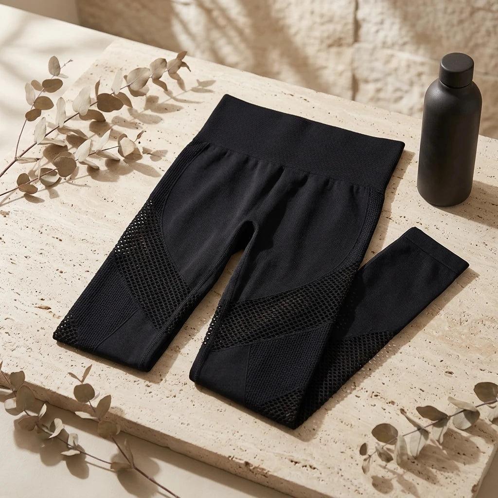 Svarta Contour Mesh Tights vikta på beige stenhäll bredvid svart vattenflaska och eukalyptusgrenar.