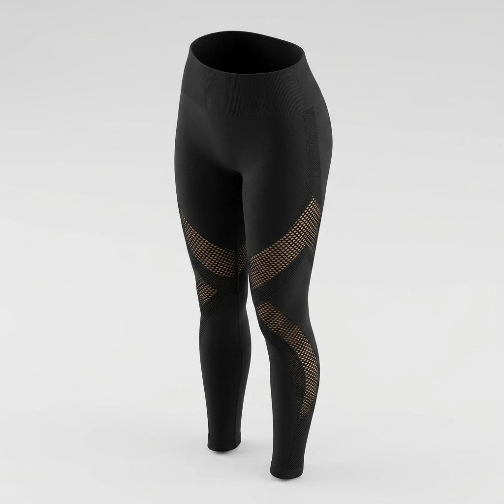 Contour Mesh Tights / Svart med hög midja och mönstrade nätpaneler längs benen mot en ljusgrå bakgrund.