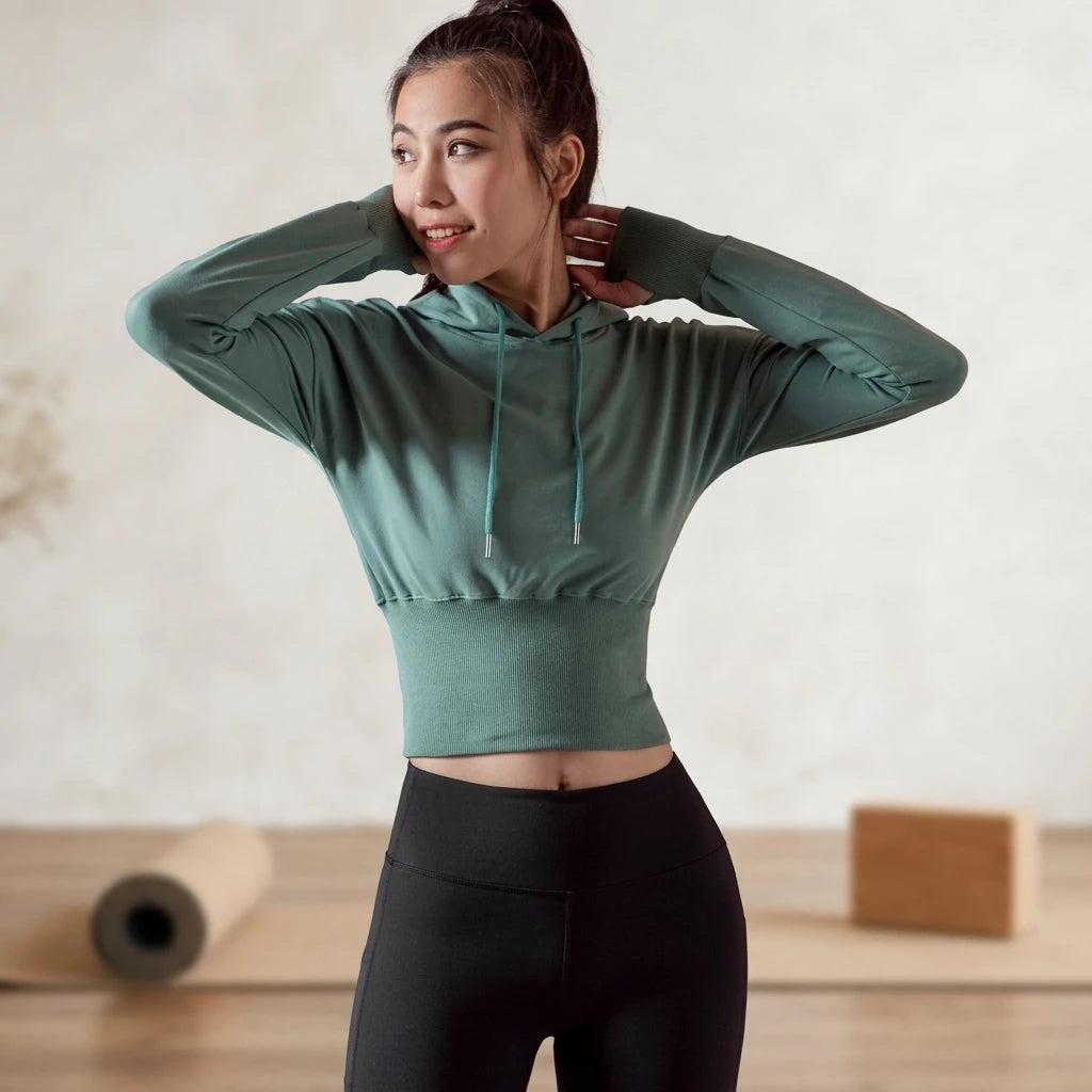 Kvinna i yogastudio bär grön cropped hoodie med ribbad midja och svarta tights – formgivande passform