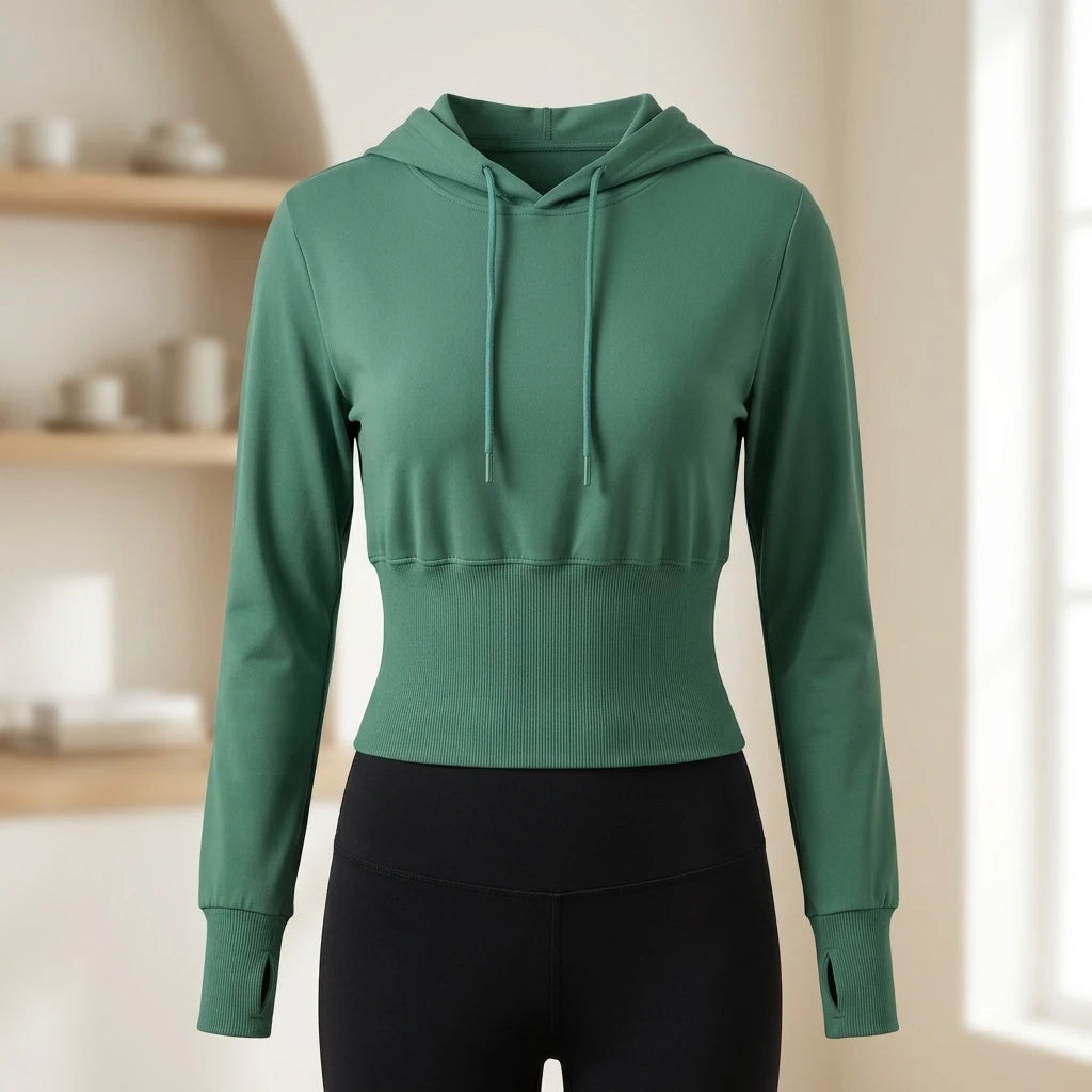 Grön croppad hoodie med bred ribbad midja och långa ärmar med tumhål mot minimalistisk ljus bakgrund.