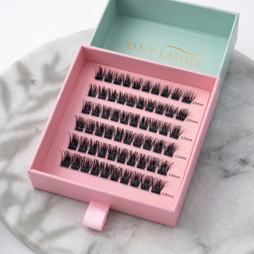 Svarta DIY-franskluster 10–14 mm sorterade efter längd i rosa ask på marmorbord, Easy Lashes Classic.