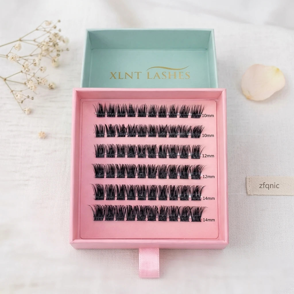 Easy Lashes Mix Classic förpackning öppen och visar svarta franskluster sorterade i rosa och mintgrön ask.