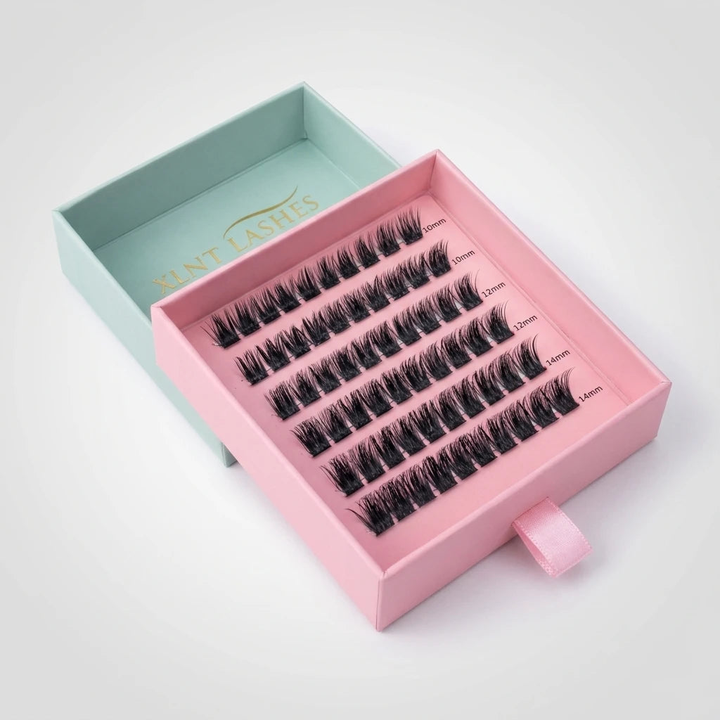 DIY franskluster sorterade i längderna 10, 12 och 14 mm i rosa och mintgrön ask, Easy Lashes Classic.