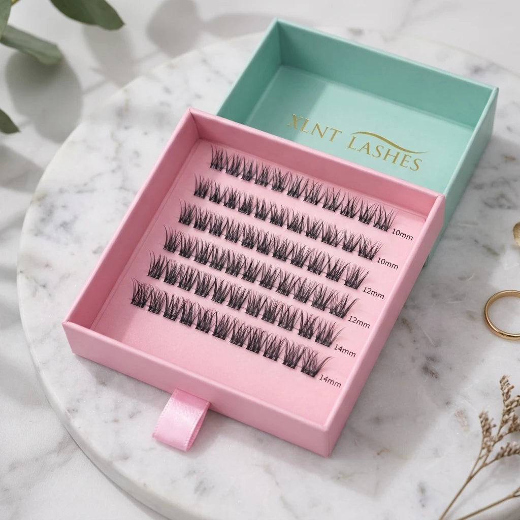Öppen rosa ask med svarta DIY klusterfransar Mix Natural placerad på ljus marmorbricka.