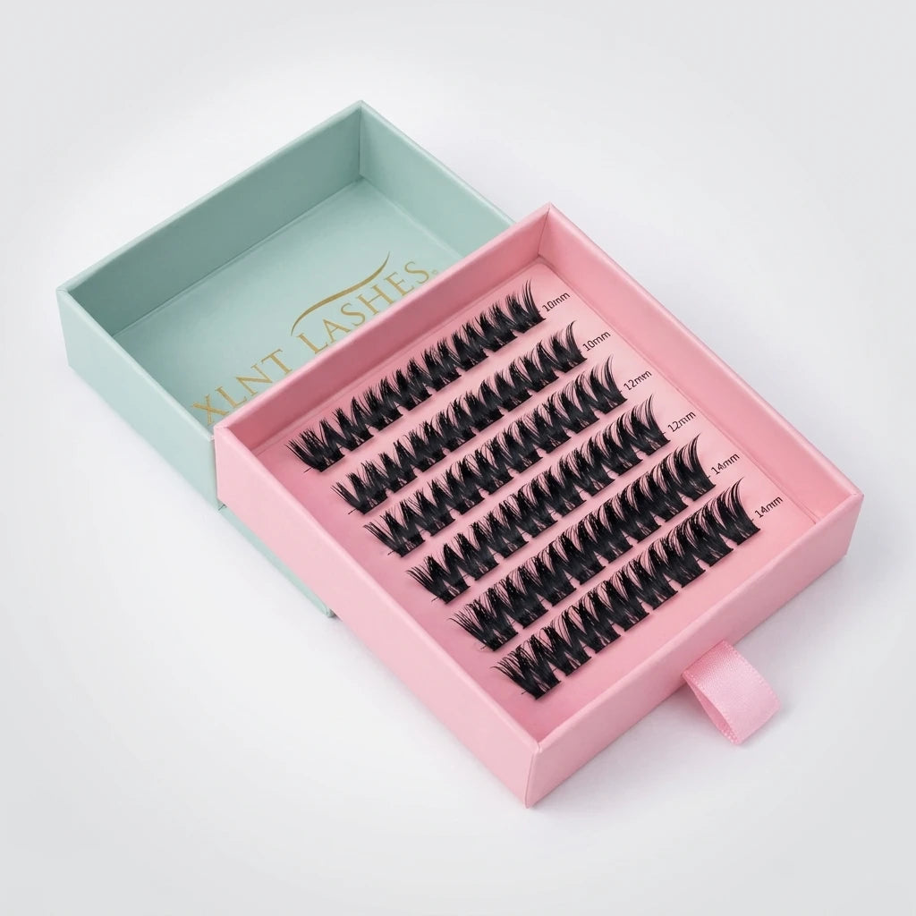 Kluster av DIY-fransar i 10, 12 och 14 mm sorterade i rader inuti rosa och mintgrön ask.